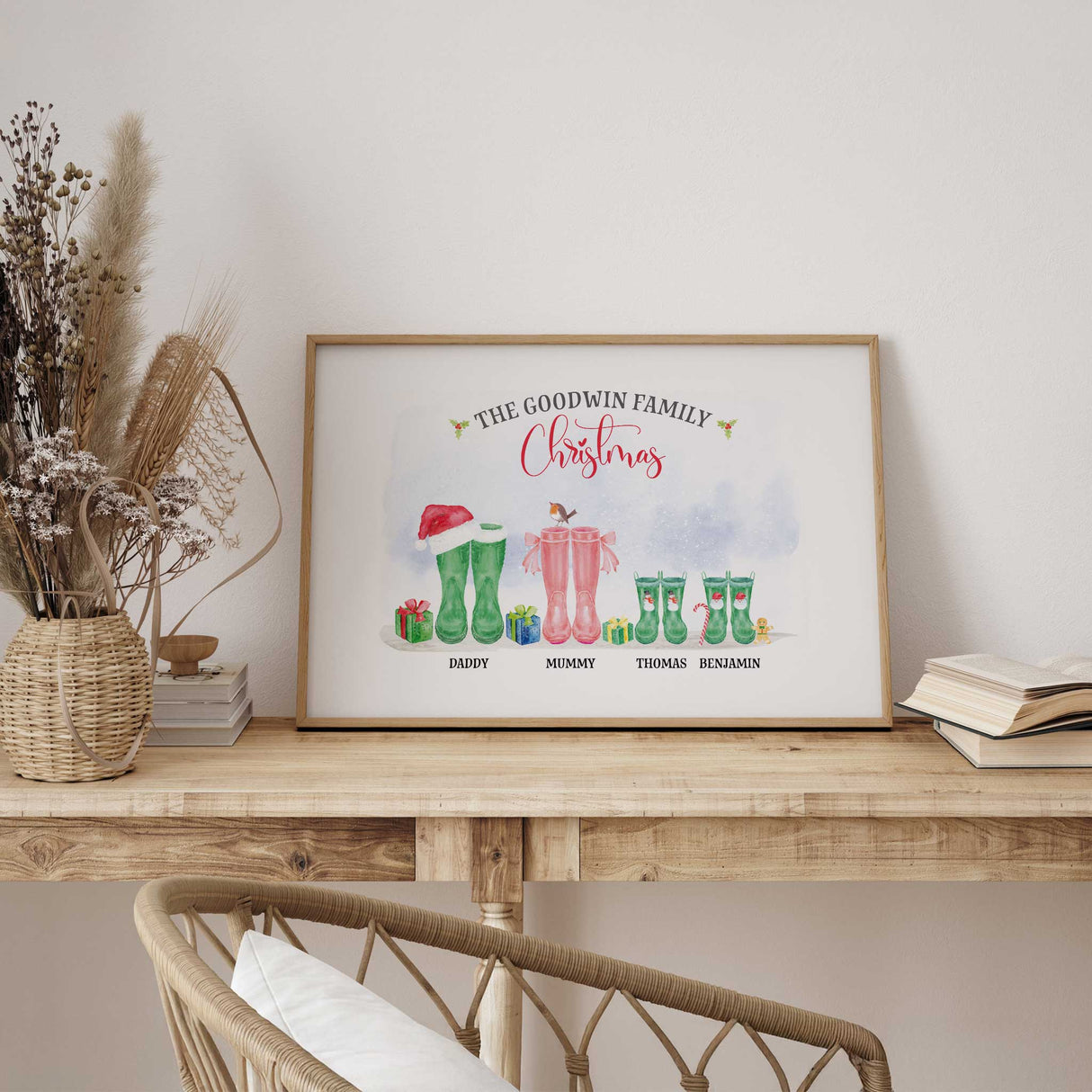 Custom Christmas wall art with family wellies, names, and seasonal decorations for personalised holiday home décor.