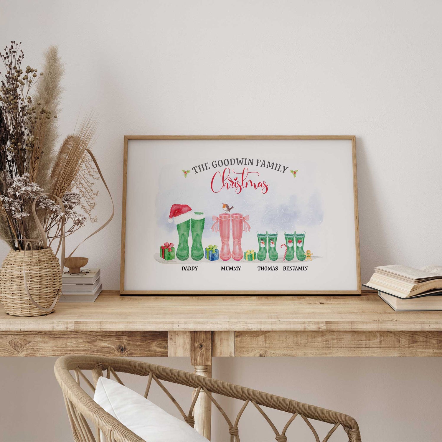 Custom Christmas wall art with family wellies, names, and seasonal decorations for personalised holiday home décor.
