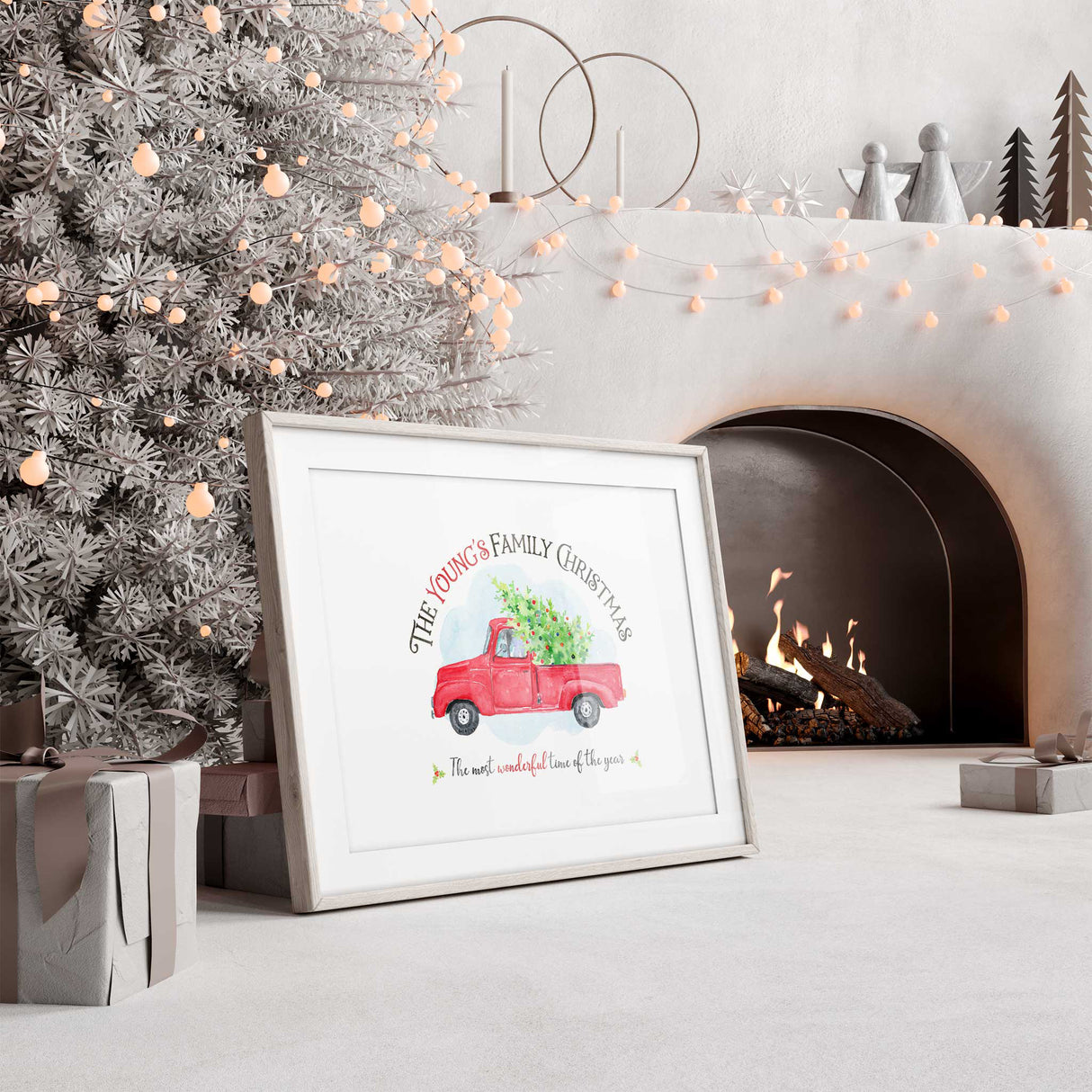 Custom family name Christmas wall art with festive red truck. Christmas gifts
