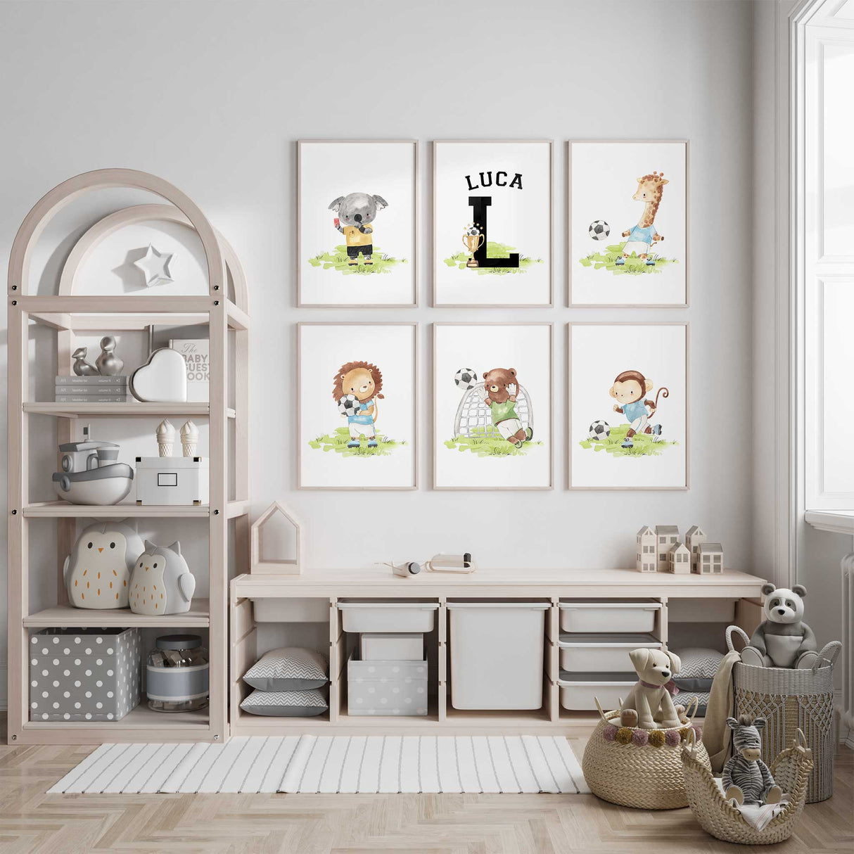 Set of 6 boys prints with name and football animals for nursery