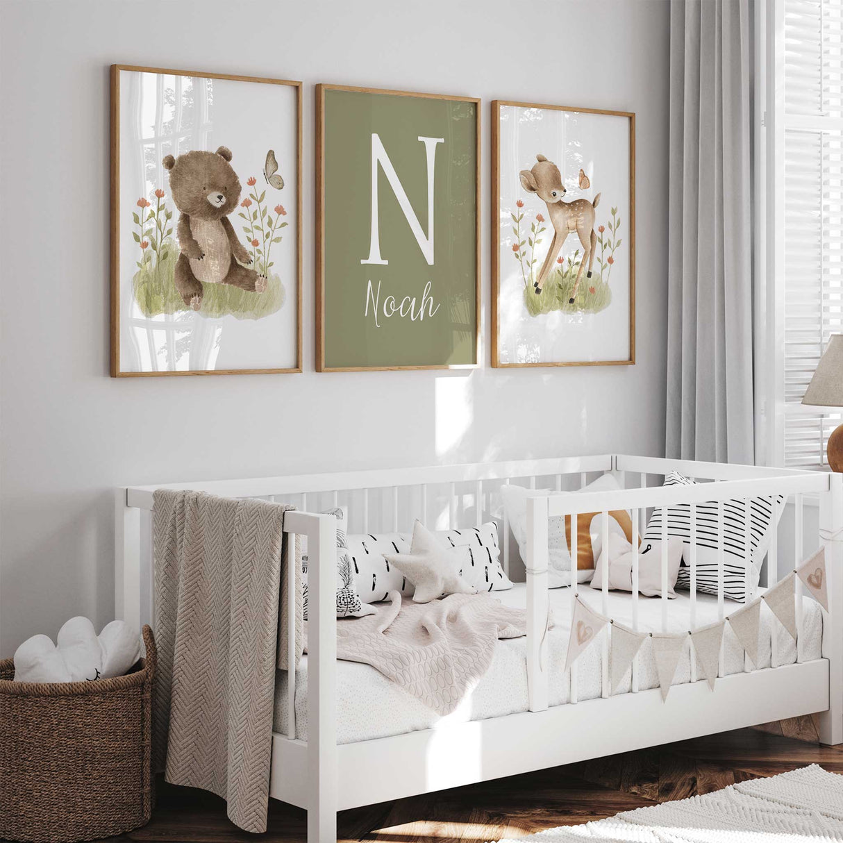 Forest animal nursery prints with personalised centre name and initial