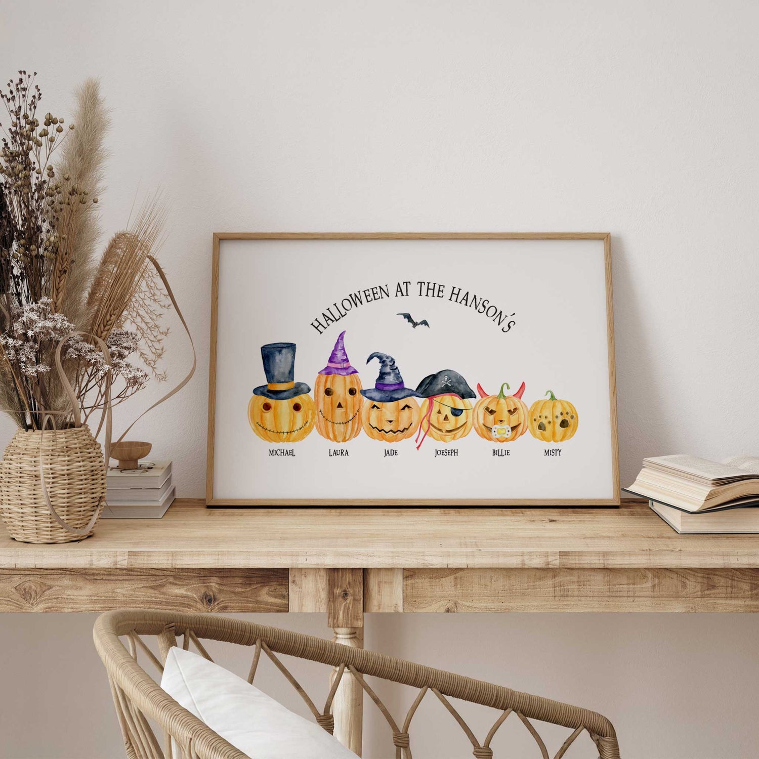 Personalised jack o’lantern family print, Halloween wall art decoration for the season.