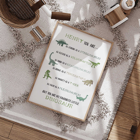 Boys nursery wall art print featuring dinosaur affirmations and soft green dino illustrations.