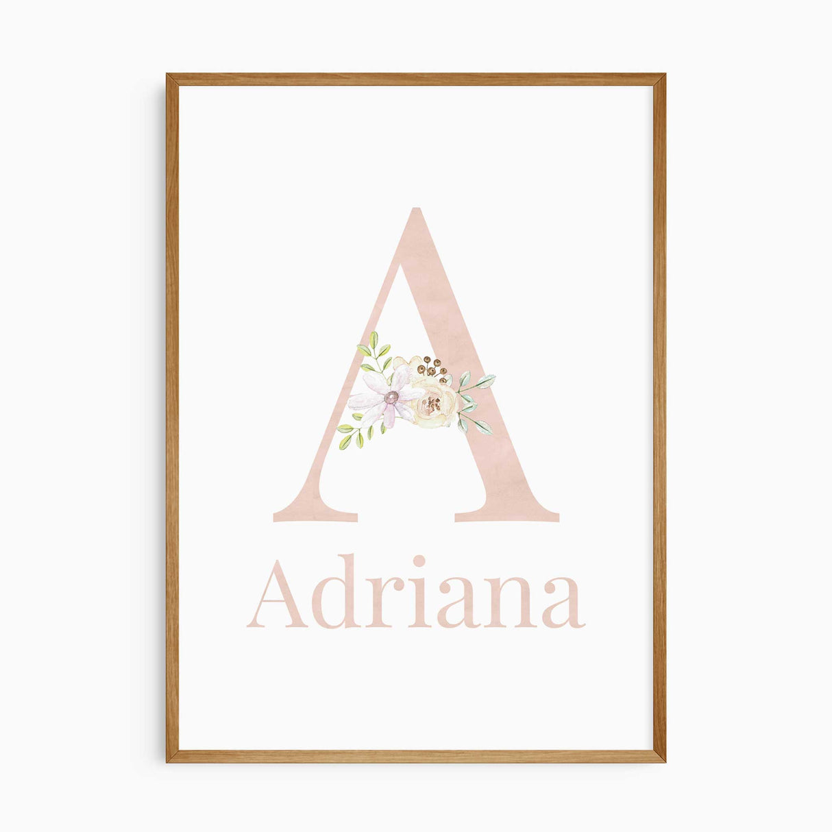 Personalised initial and name print with floral accents for girls nursery.