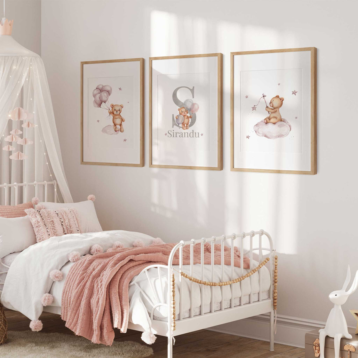 Custom name teddy bear nursery print set for a soft baby girl bedroom