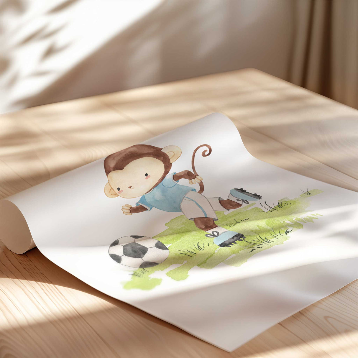 Set of six custom soccer prints for nursery or playroom, featuring animal characters and personalised name with varsity-style initial