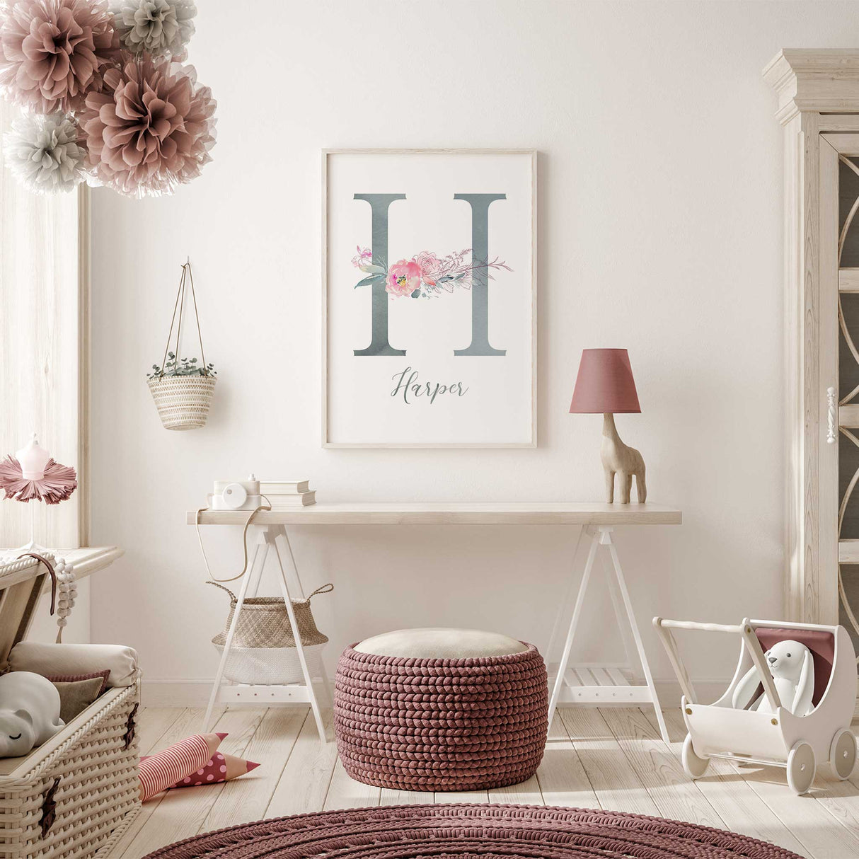 Customisable watercolour initial artwork with delicate florals and soft pastel colours for nursery décor.