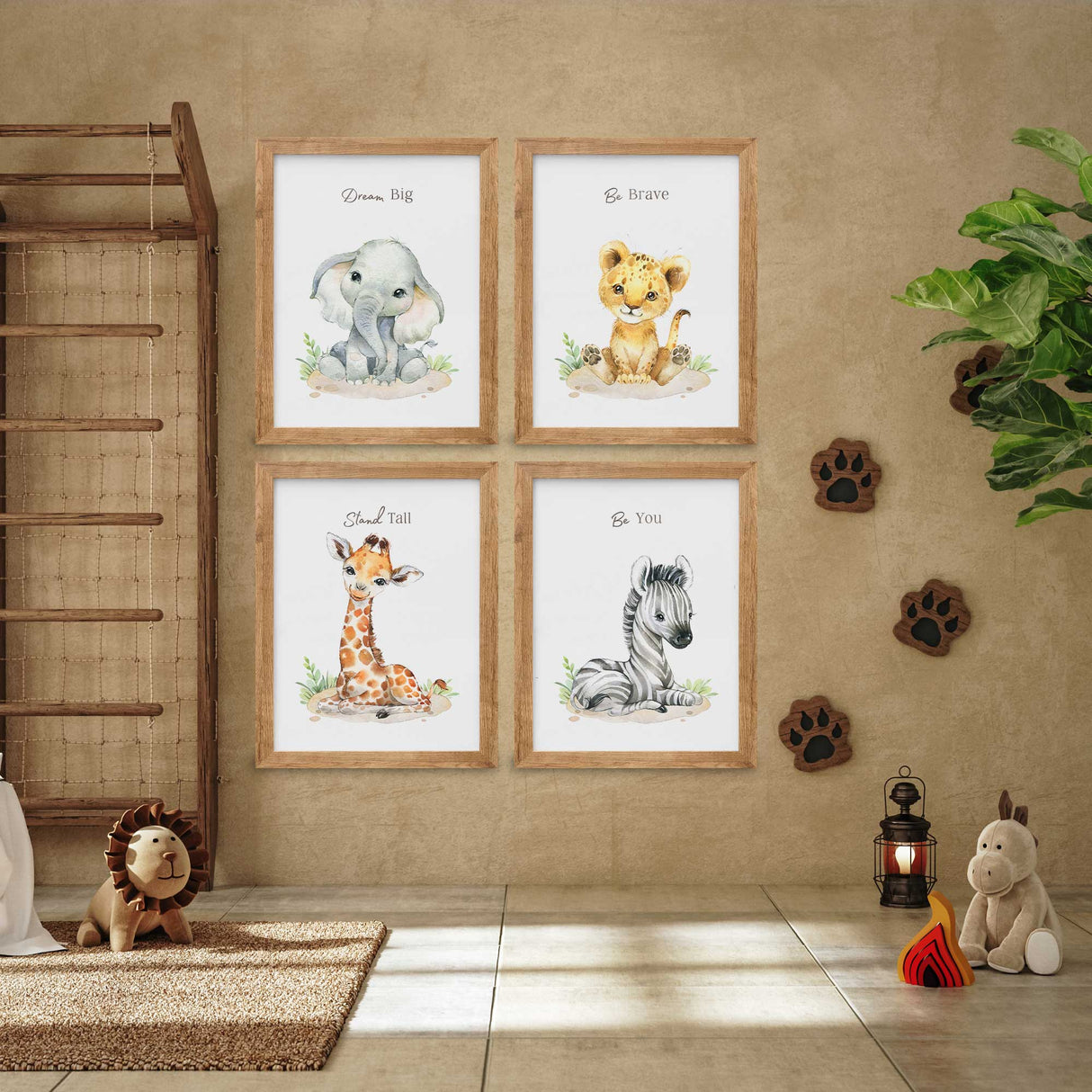 Baby animals affirmation wall art set of four safari prints in watercolor style for nursery or child’s bedroom