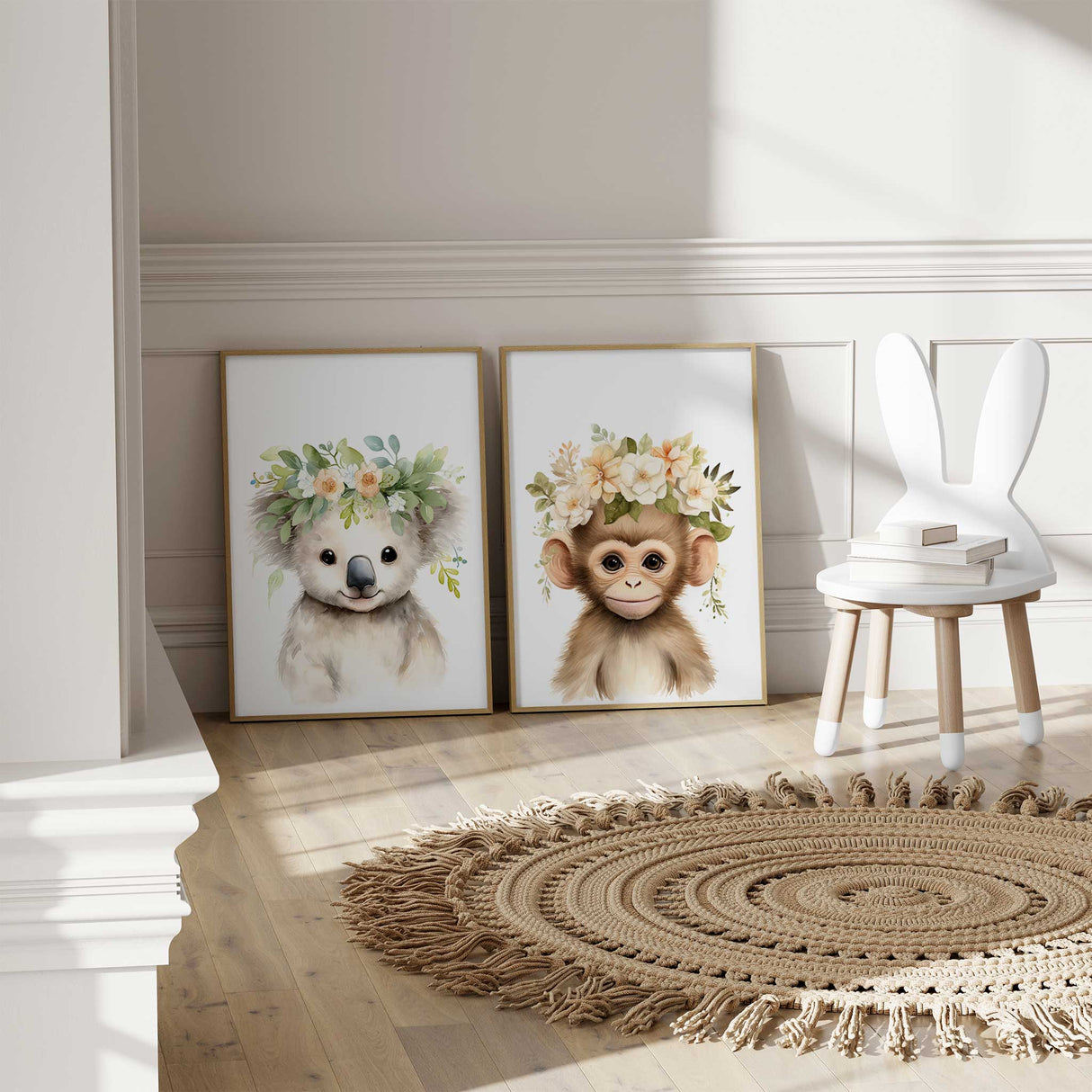 Cute baby animal wall art set with pastel florals and neutral background