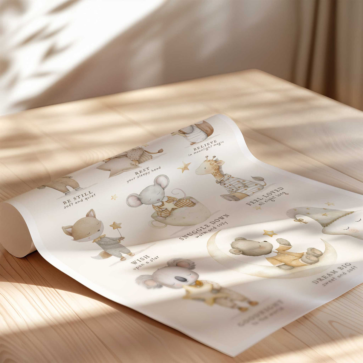 Cute bedtime nursery print with sleepy animals, moon and stars in soft neutral colours for a baby nursery or toddler room.
