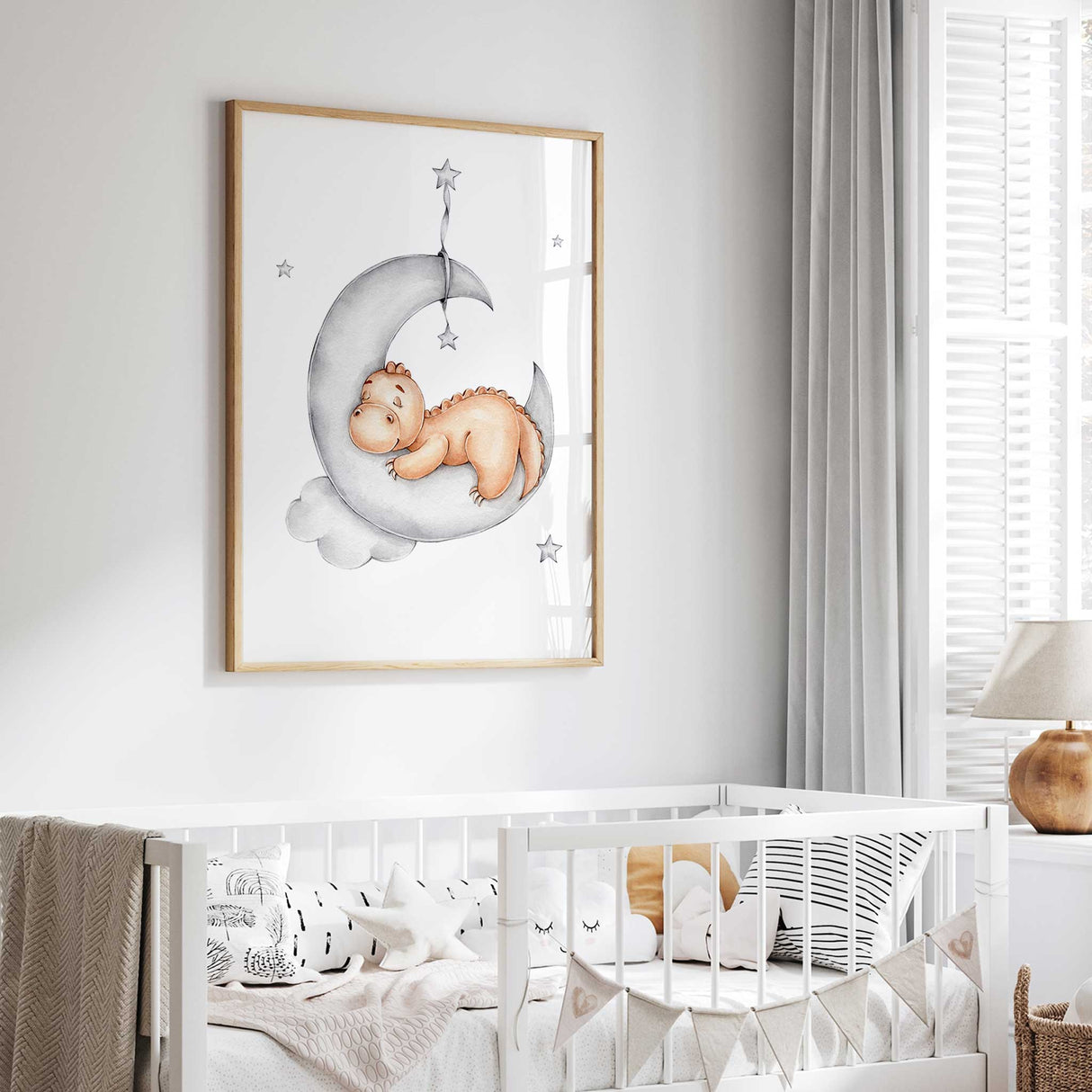 Cute neutral kids wall art featuring dinosaur sleeping on moon
