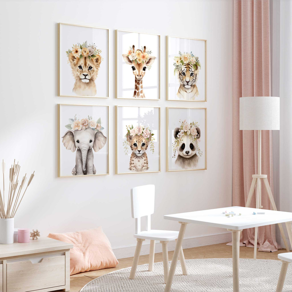 Cute baby animal wall art set with pastel florals and neutral background