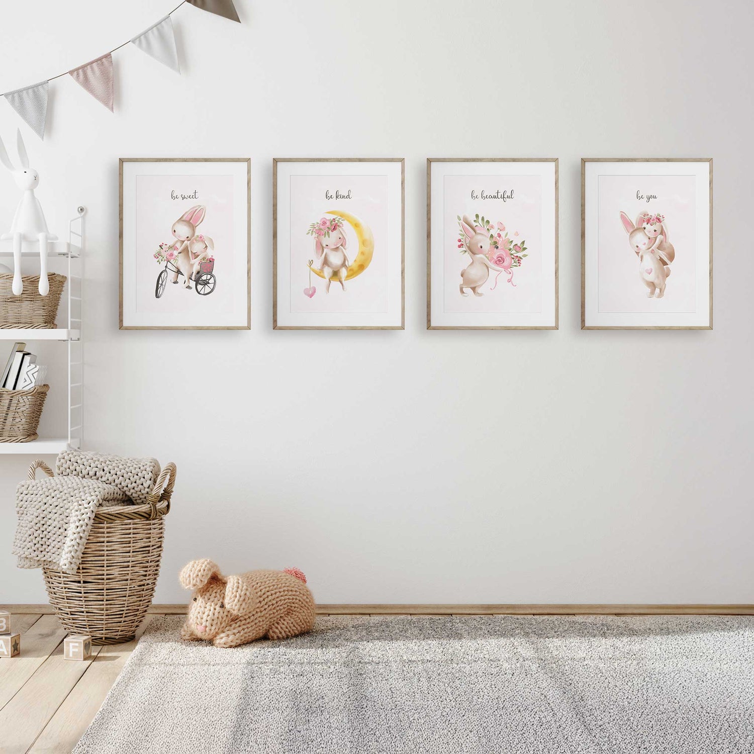 Watercolour bunny art print set with inspirational quotes, adding warmth to any girls space.