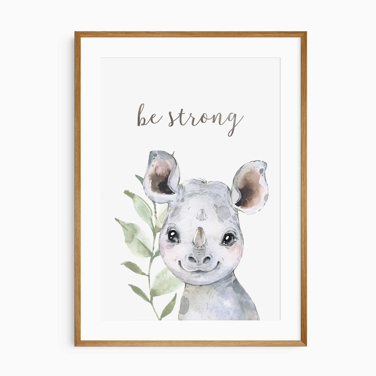 Rhino nursery print with “be strong” affirmation