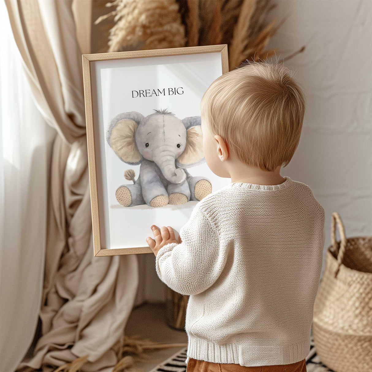 Elephant safari nursery print 'Dream Big' from neutral inspirational animal wall decor set
