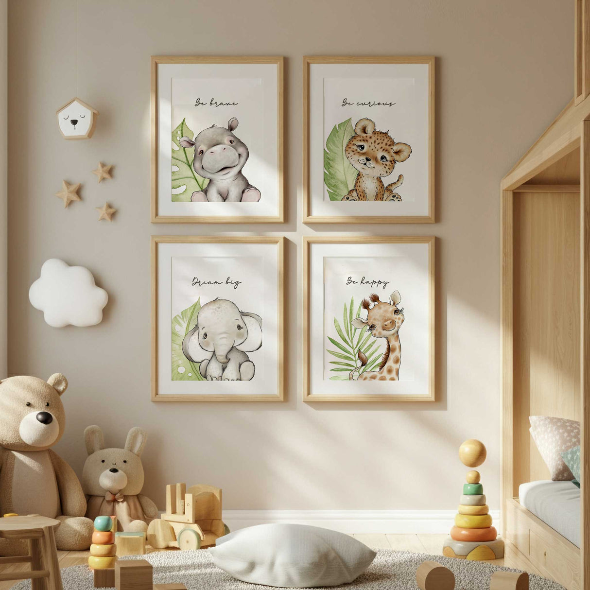 Jungle animal wall art set for nursery including leopard, elephant, hippo, and giraffe illustrations with uplifting messages.