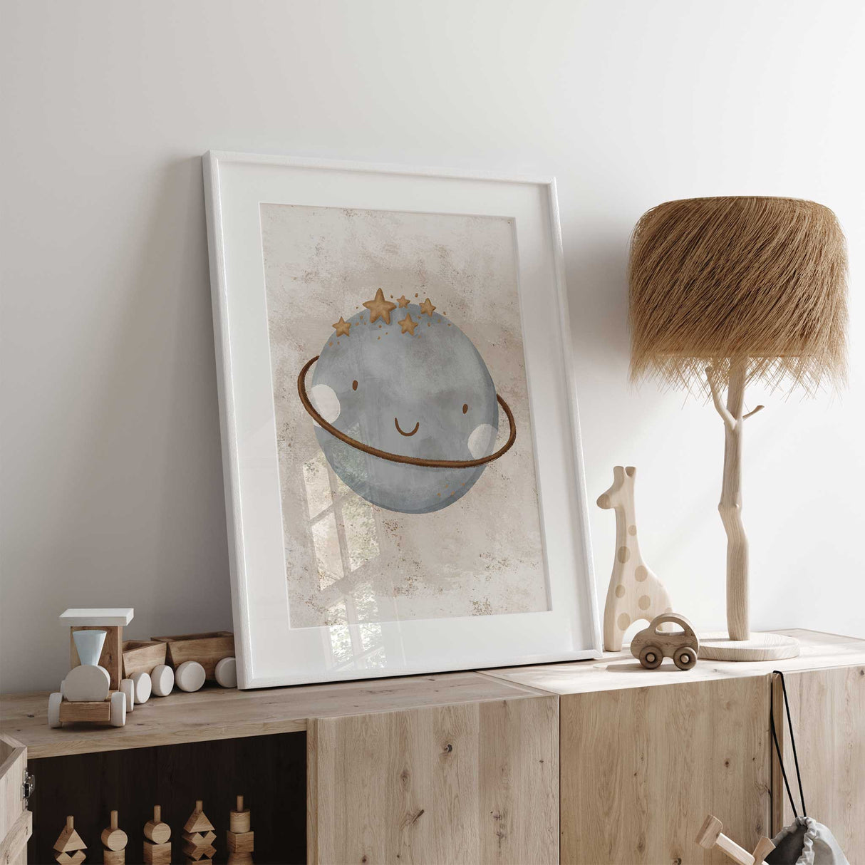 Cute space themed wall art print with smiling planet illustration