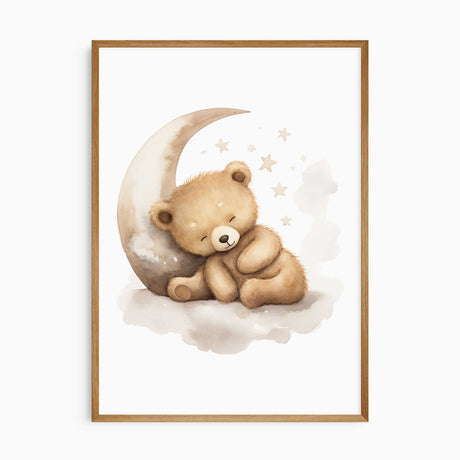 Adorable baby nursery wall art featuring a soft watercolour teddy bear sleeping on a crescent moon, perfect for baby shower gifts and bedtime decor.