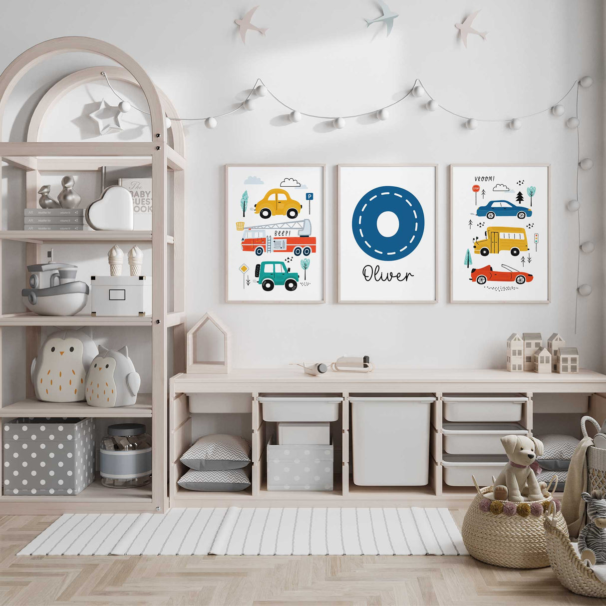 Kids personalised transport prints on premium satin photo paper, vehicle artwork for nursery or playroom.