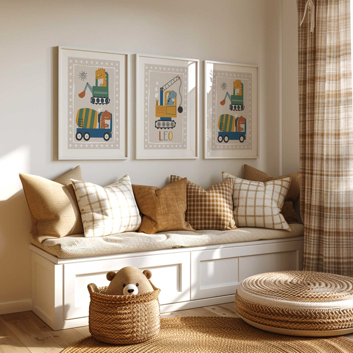 Personalised dino driving construction vehicle wall art set of three for boys room featuring digger, cement mixer and crane in warm neutral colours