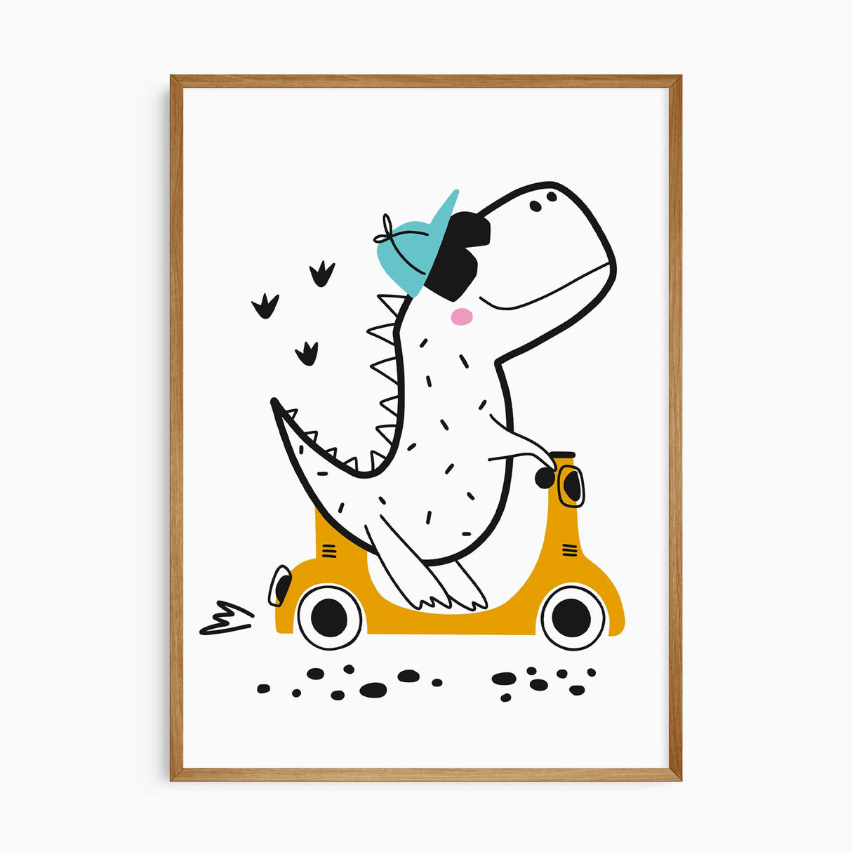 Dinosaur on yellow scooter wall art print for playroom decor