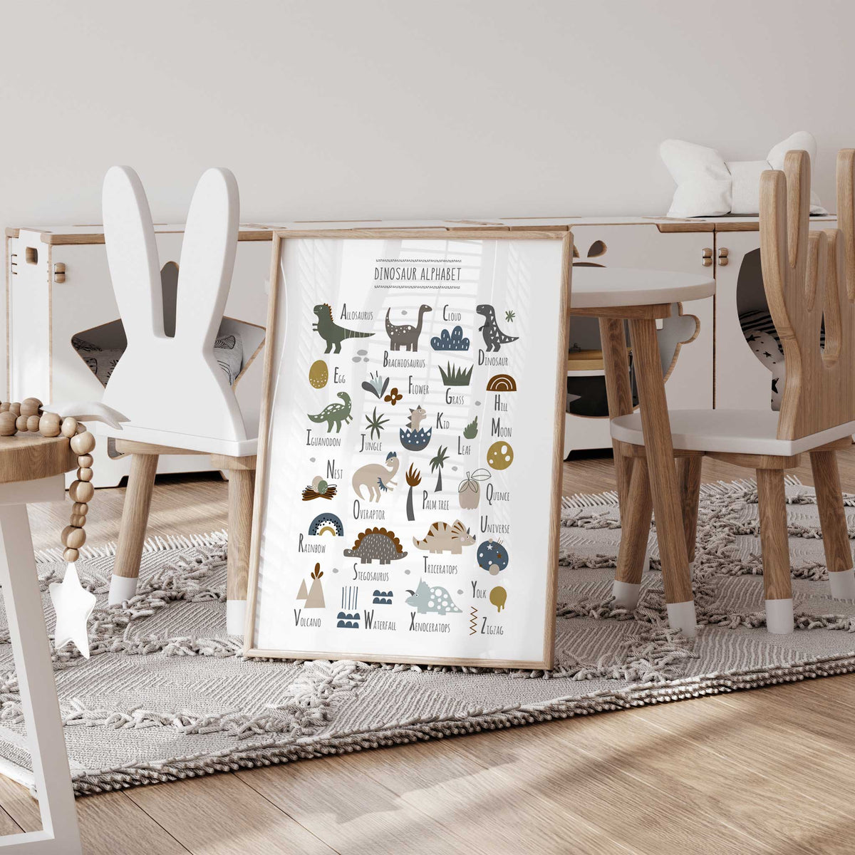 Educational ABC print with the alphabet from A to Z, illustrated with dinosaurs, eggs and plants for a toddler room