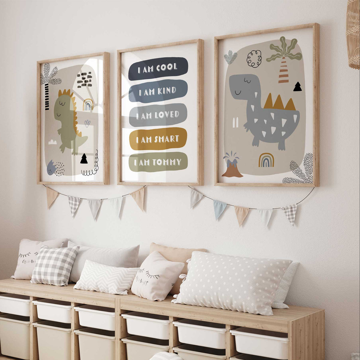 ersonalised dinosaur affirmation set with olive and blue-grey dinosaurs, patterned scenery and bold encouraging words.