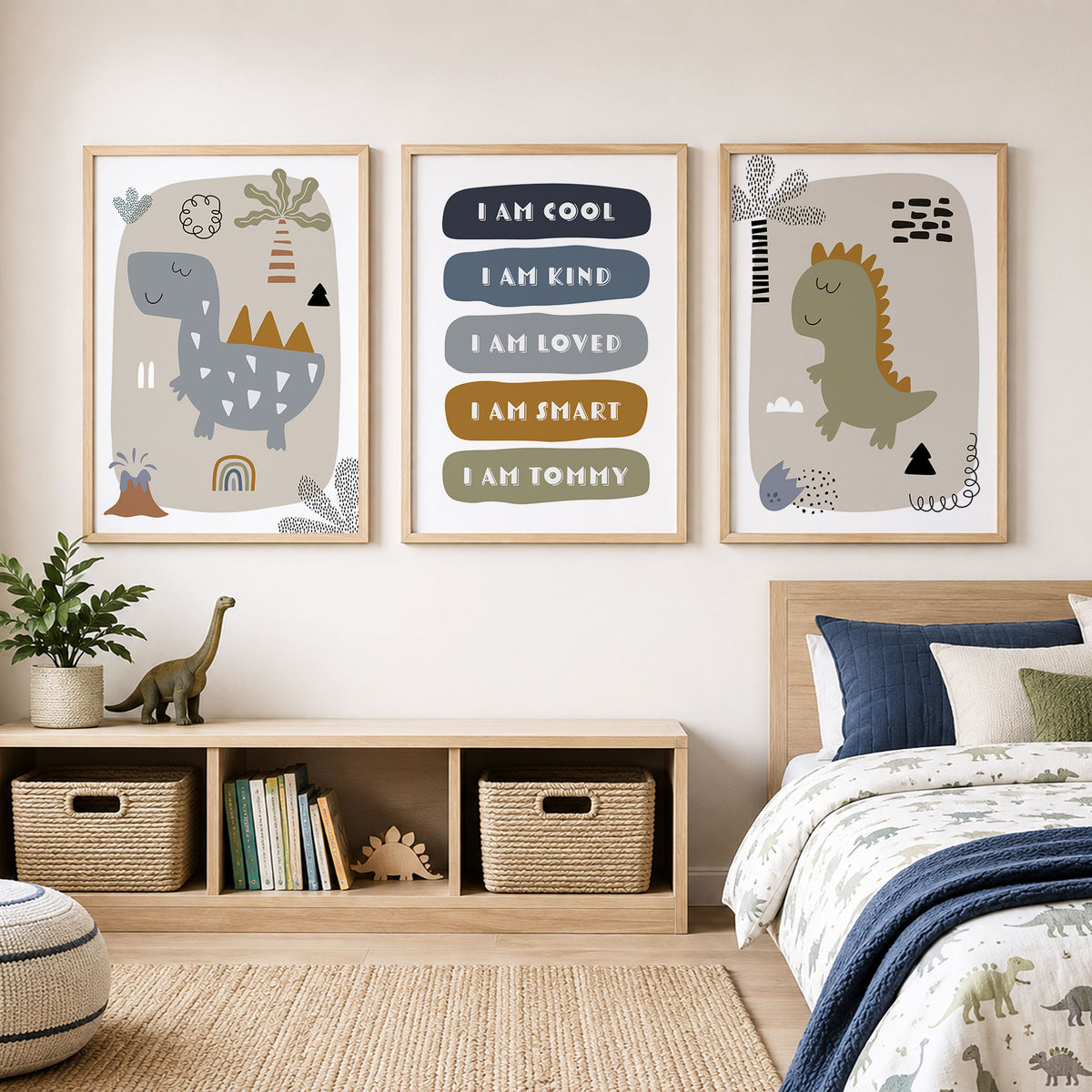 Personalised dinosaur affirmation set with olive and blue-grey dinosaurs, patterned scenery and bold encouraging words.