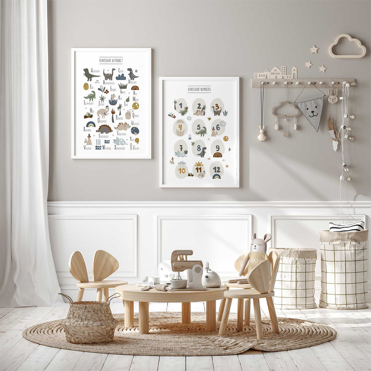 Dinosaur alphabet and numbers wall art set for boys nursery or kids room