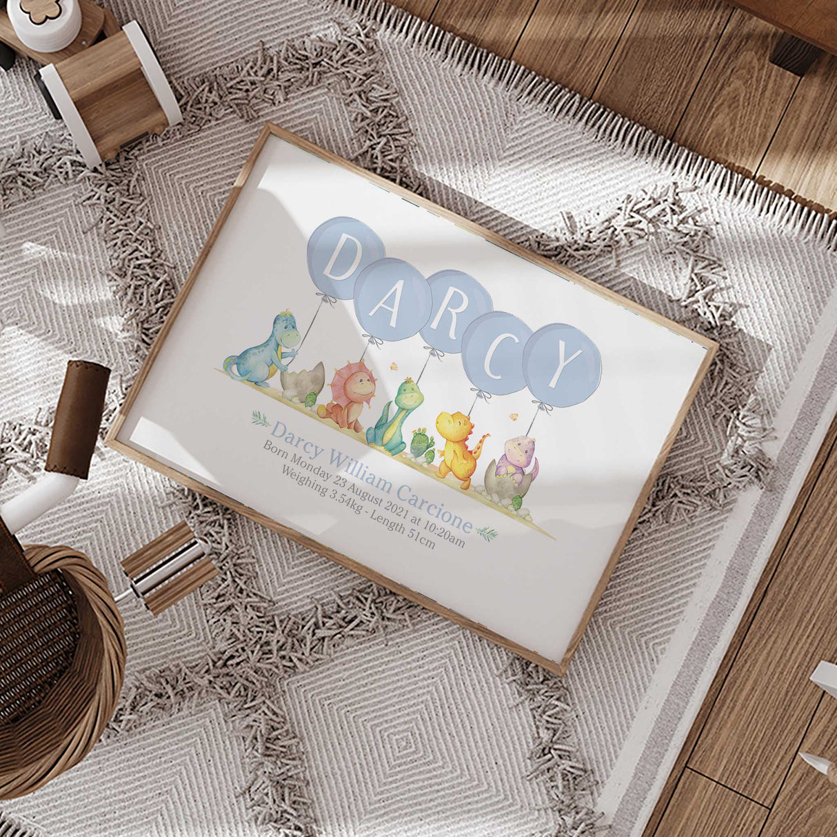 Personalised dinosaur birth announcement print for boys nursery room decor