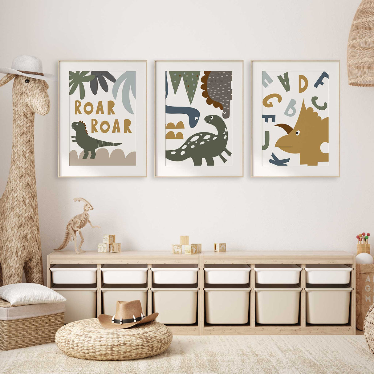 Dinosaur wall art set of 3 prints for boys nursery or dinosaur-themed room