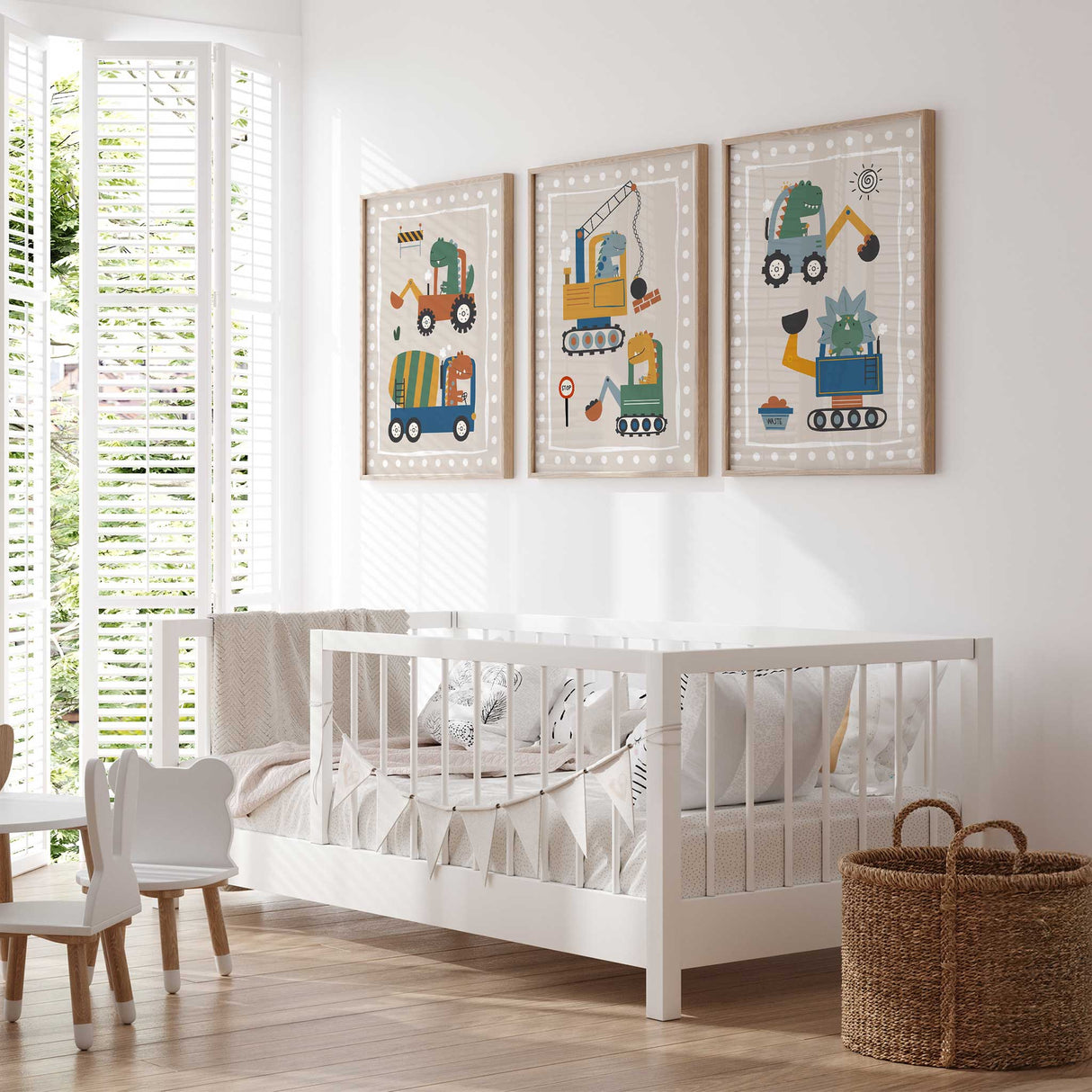 Set of three dinosaur construction prints with diggers and trucks for boys nursery wall art.