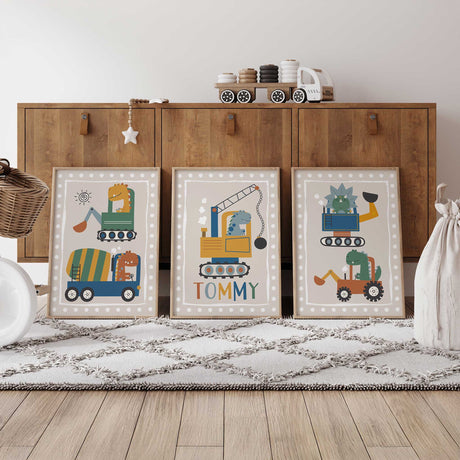 Dinosaur construction vehicle wall art set with cute dinosaurs in trucks and diggers for boys bedroom or nursery