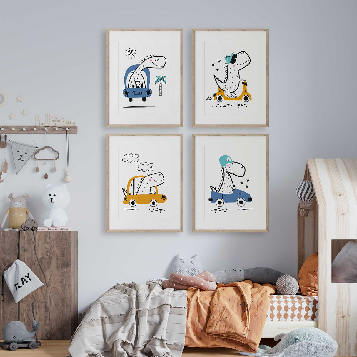 Dinosaur wall art set with four prints of dinos driving cars and scooters for kids bedroom decor