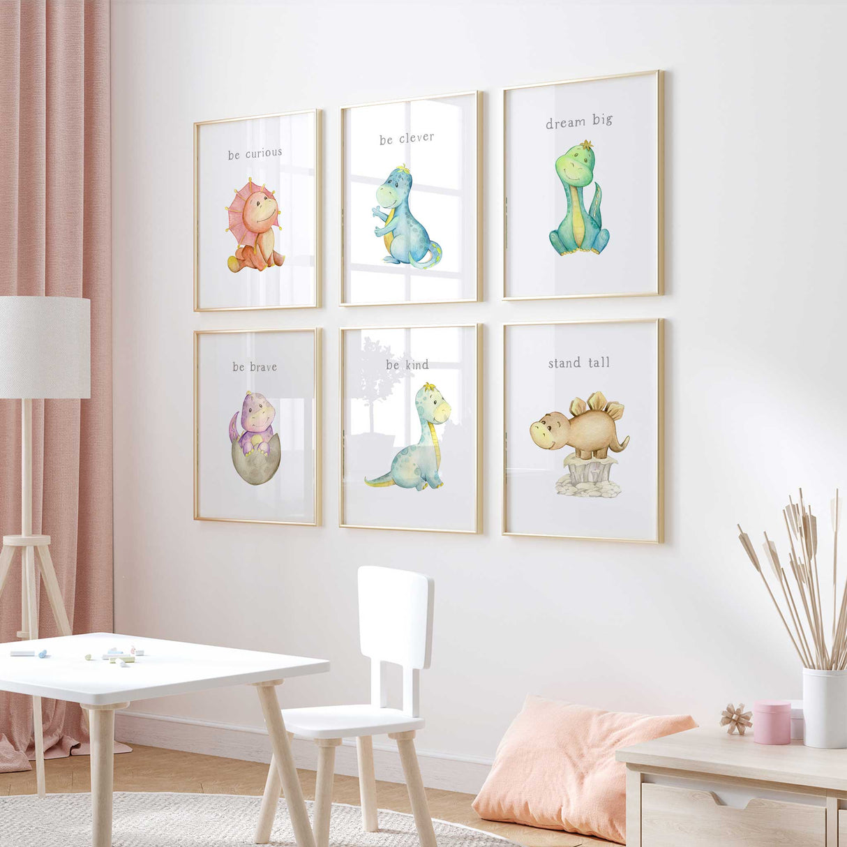 Dinosaur nursery wall art set of 6 unframed prints with positive affirmations, perfect for baby or girls room decoration.