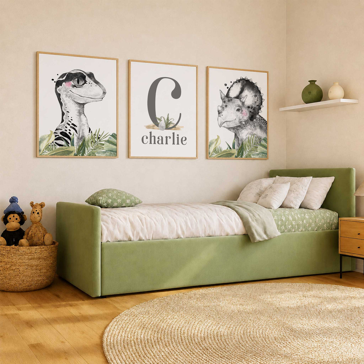 Personalised name and initial print with two black and white dinosaur portraits