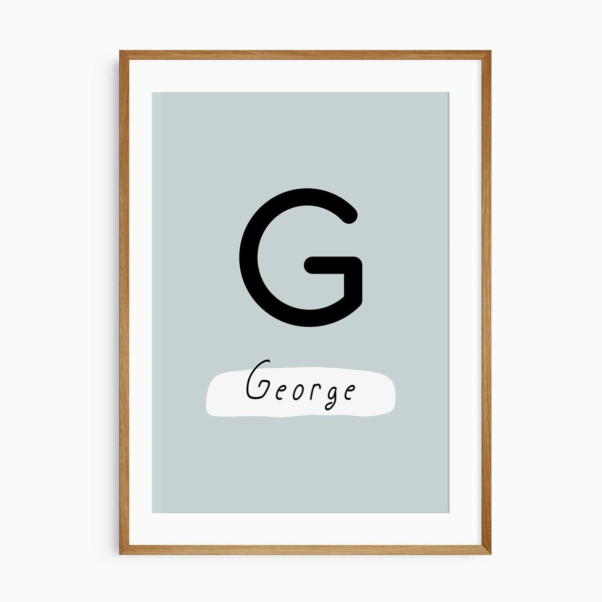 Centre dinosaur print customised with a child’s initial and name, part of a matching three-print wall art set