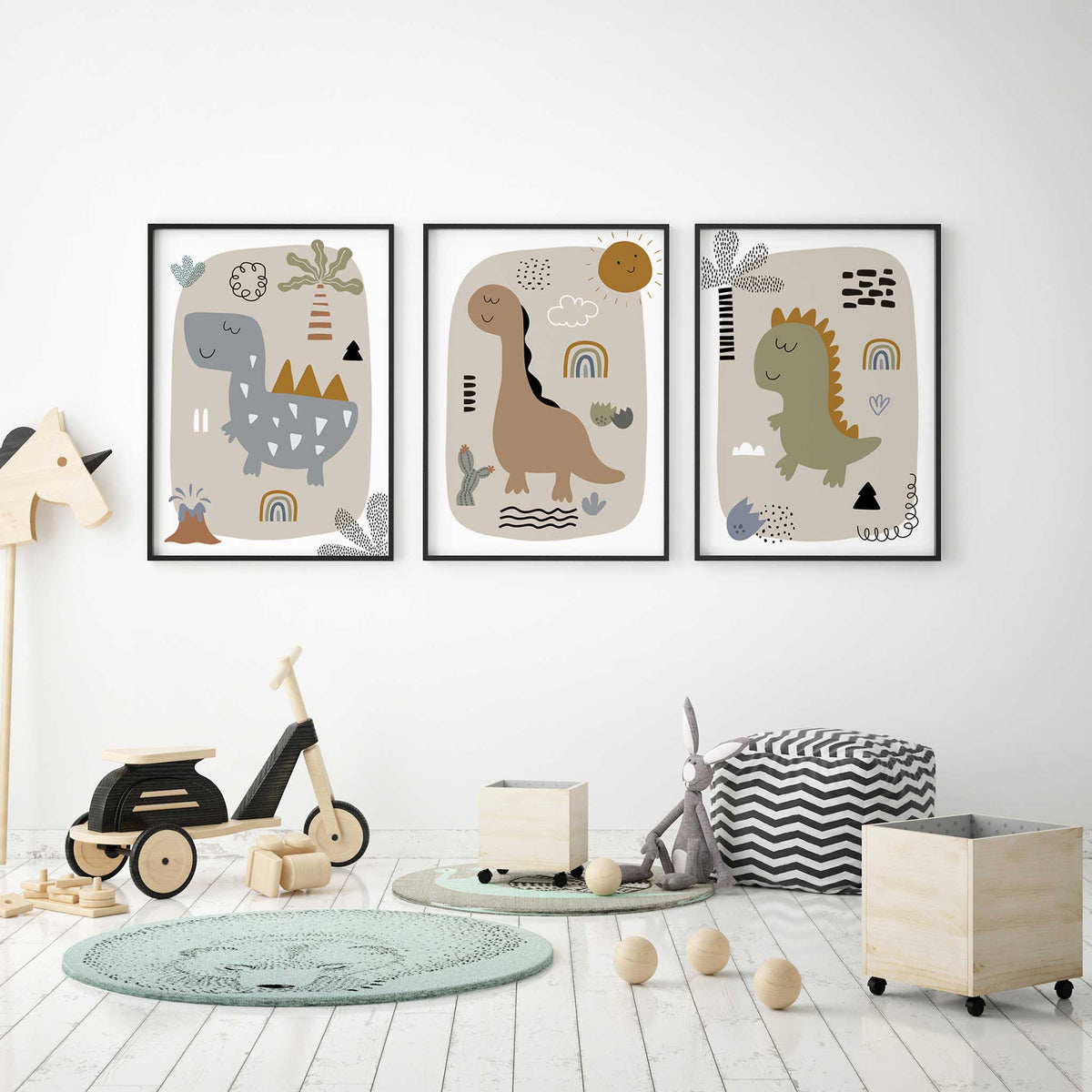Coordinating dinosaur artwork with rounded beige shapes, small rainbows, patterned foliage and black graphic details.