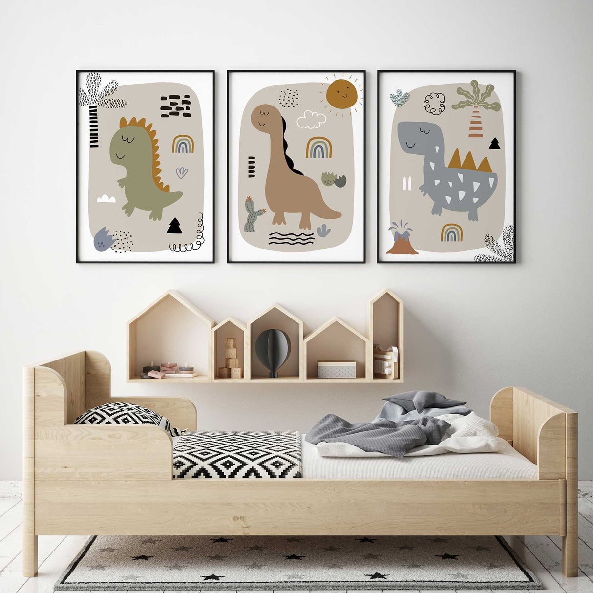 Dinosaur kids wall art set of 3 playful prints for boys room décor