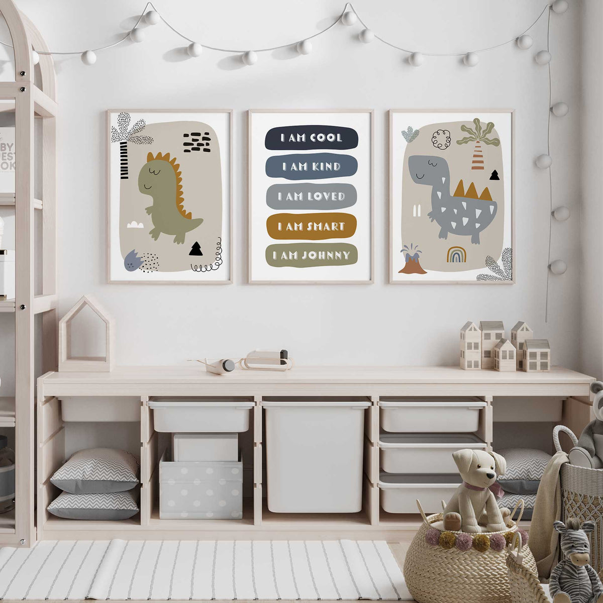Personalised dinosaur prints with beige backgrounds, decorative prehistoric details and navy, grey, mustard and olive affirmations.