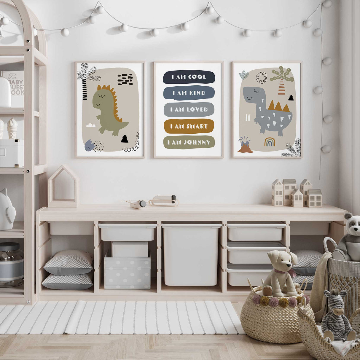 Dinosaur-themed wall art set for kids' room with positive affirmations and playful illustrations