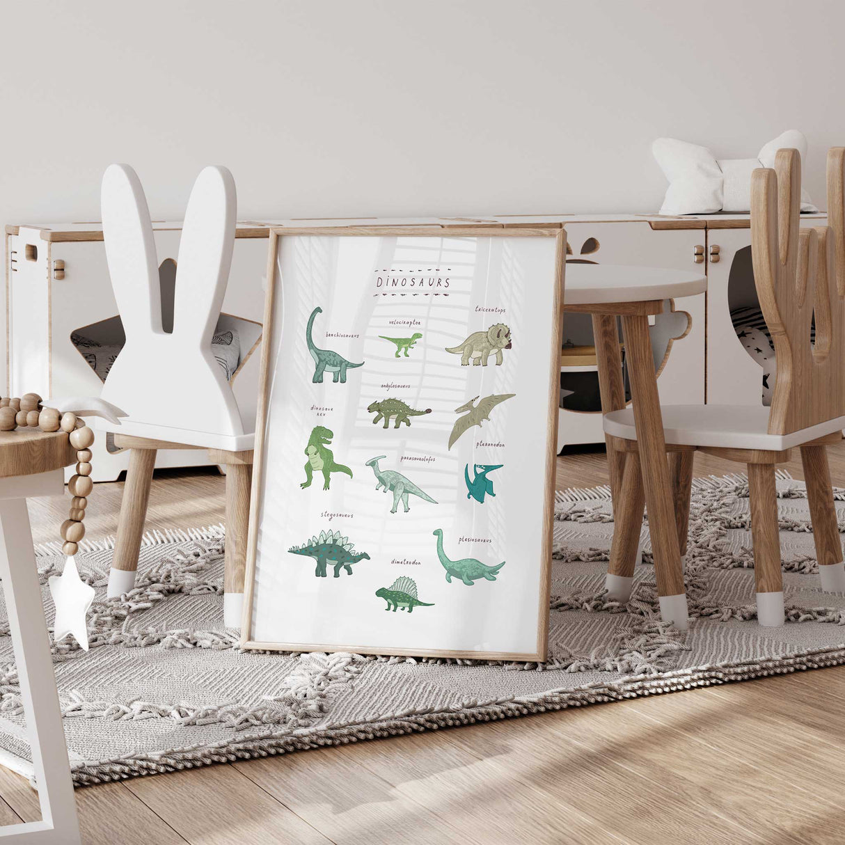 Educational dinosaur learning poster for nursery or playroom wall décor
