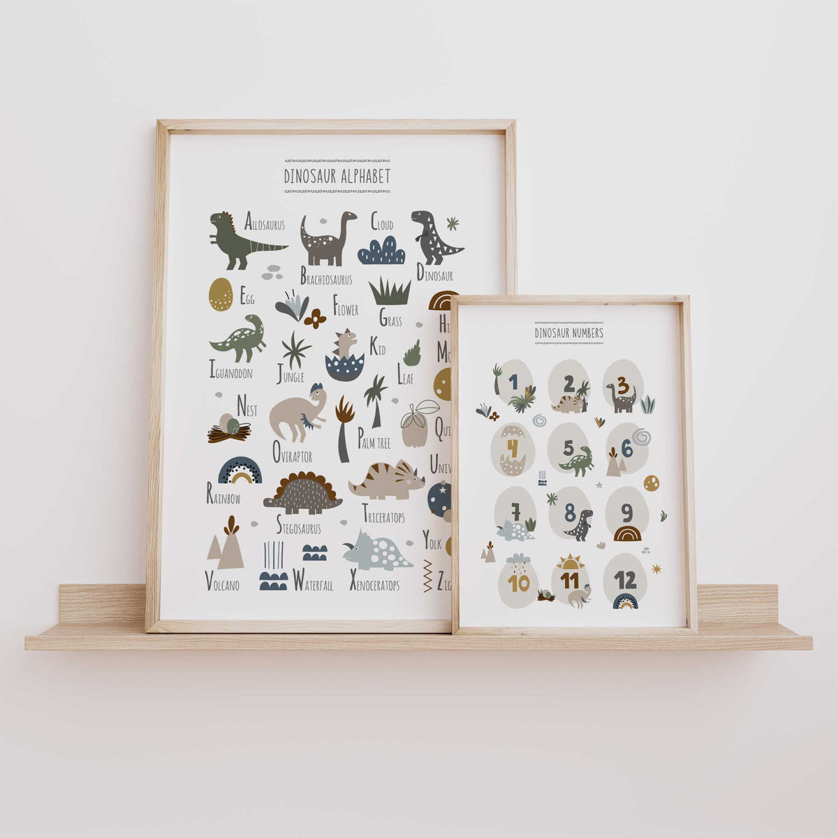 Set of two dinosaur learning prints featuring the alphabet A–Z and numbers 1–12