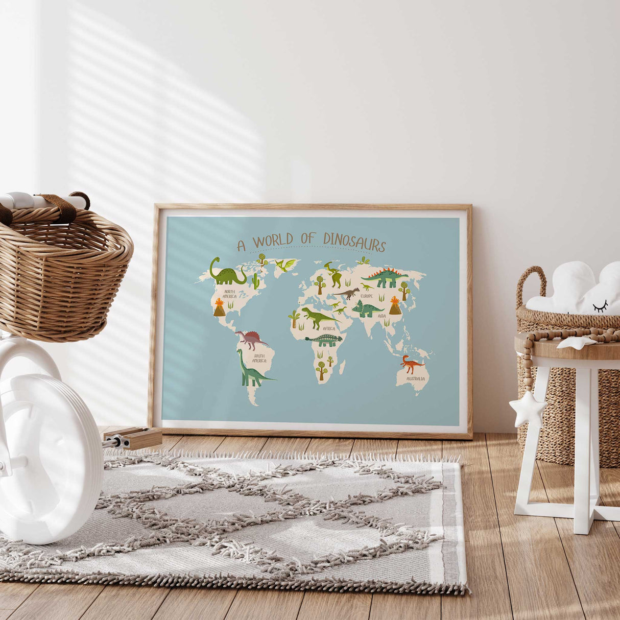 Blue dinosaur map print featuring colourful prehistoric animals for a boys room or playroom.
