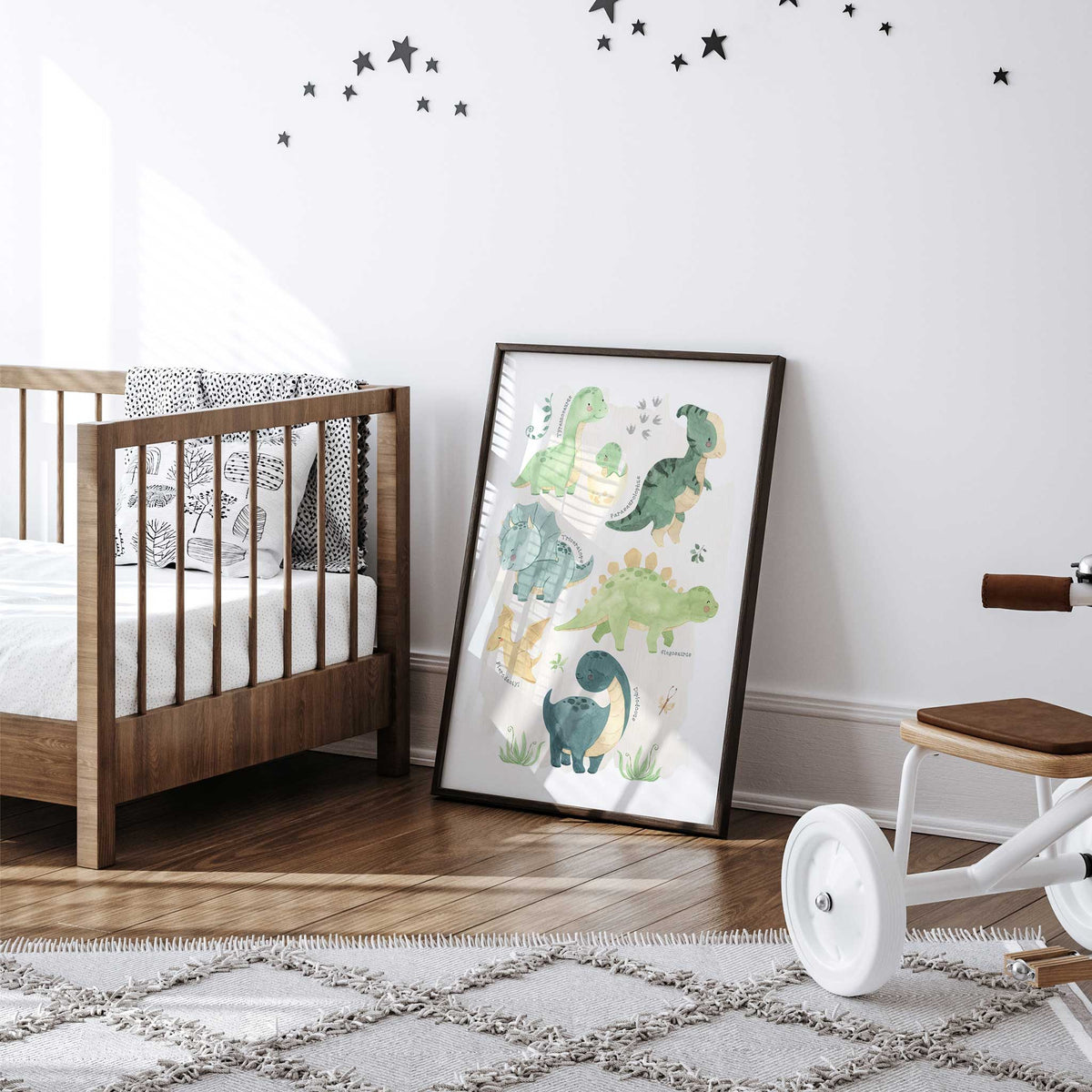 Dinosaur names artwork with green, teal and yellow watercolour characters over a pale beige wash within white margins.