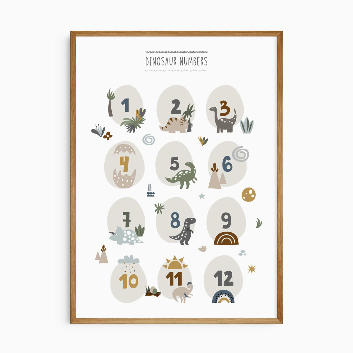 Dinosaur numbers nursery wall art print featuring 1–12 dinosaurs in neutral tones.