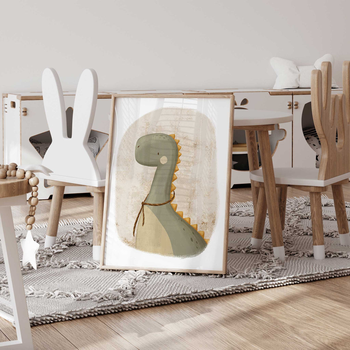 Boys bedroom dinosaur wall art with gentle neutral tones and modern style