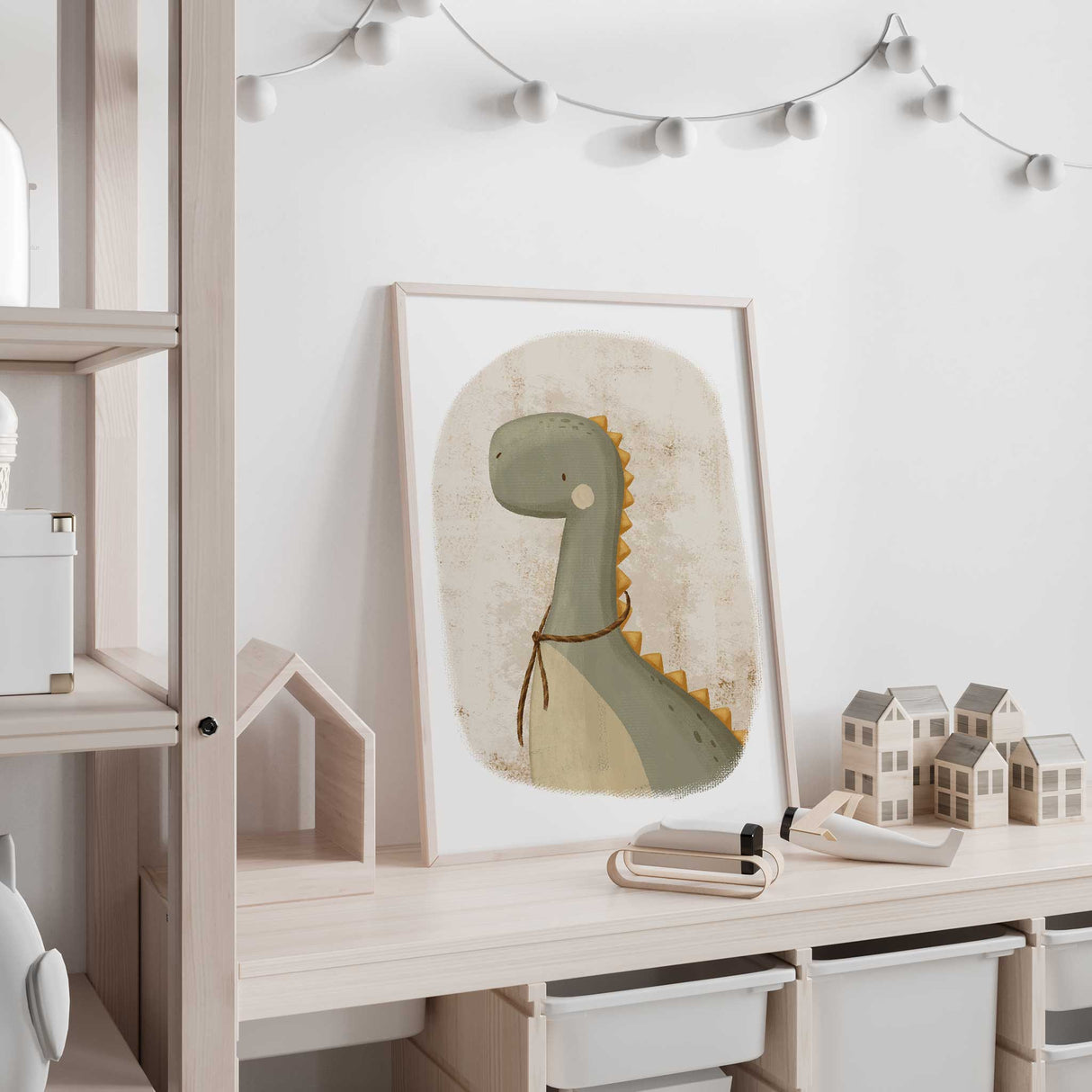 Dinosaur kids wall art print with soft green and golden spikes