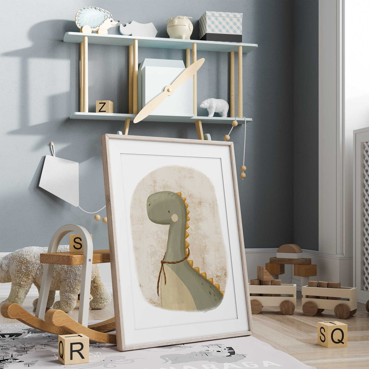 Cute green dinosaur wall art print designed for boys nursery decoration