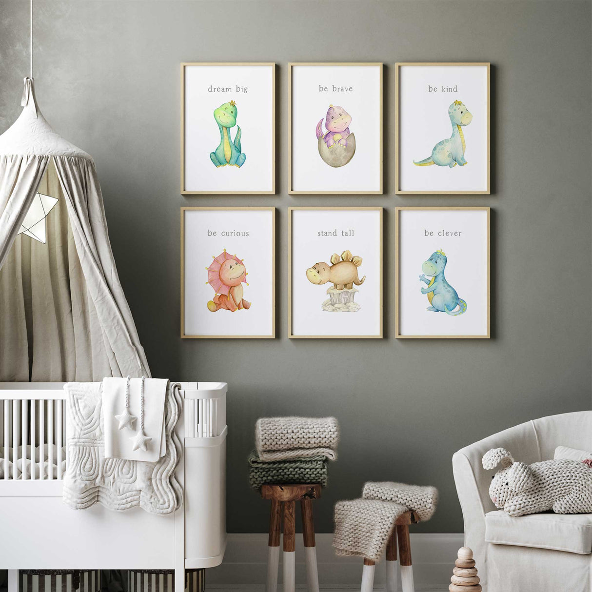 Colourful dinosaur wall art for nursery or playroom featuring watercolour dinosaurs and motivational words.